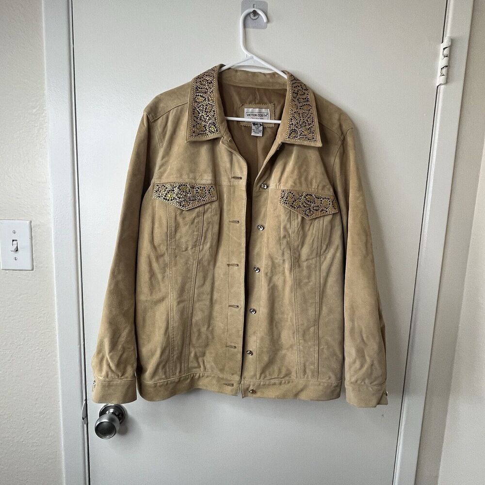 VICTOR  COSTA SUEDE LEATHER Lined Embellished Tan JACKET Size XL Western Cowgirl
